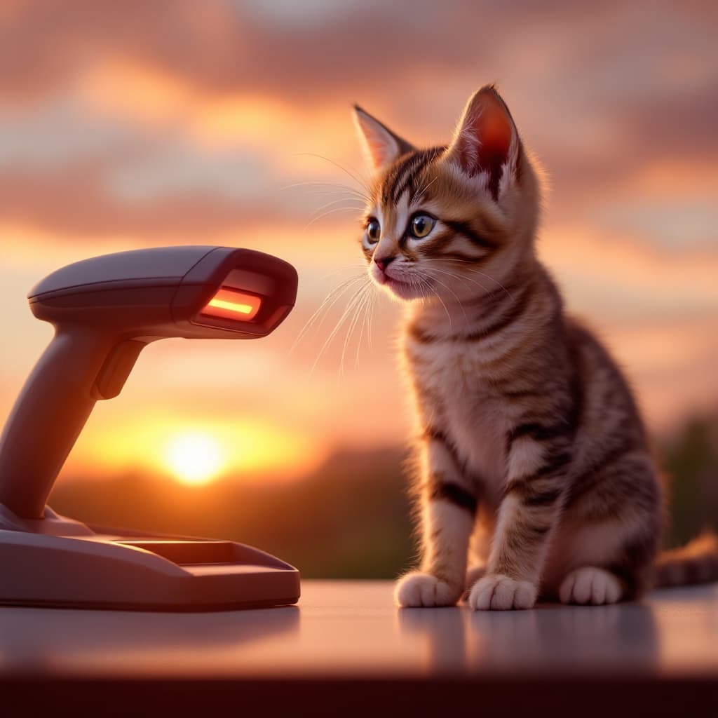 AI generated: ultra-realistic image of a kitten next to a barcode scanner sunset side view —ar 4:6
Take the image ...