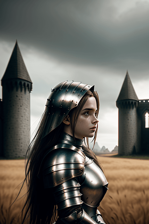 AI generated: Photo of a girl in medieval armor, subtle metal reflections, upper body, outdoors, field, overcast, ...
