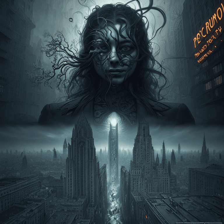 AI generated: Psycholytic trip, the city flows into the face, the face flows into space, surrealism, concept art, ...