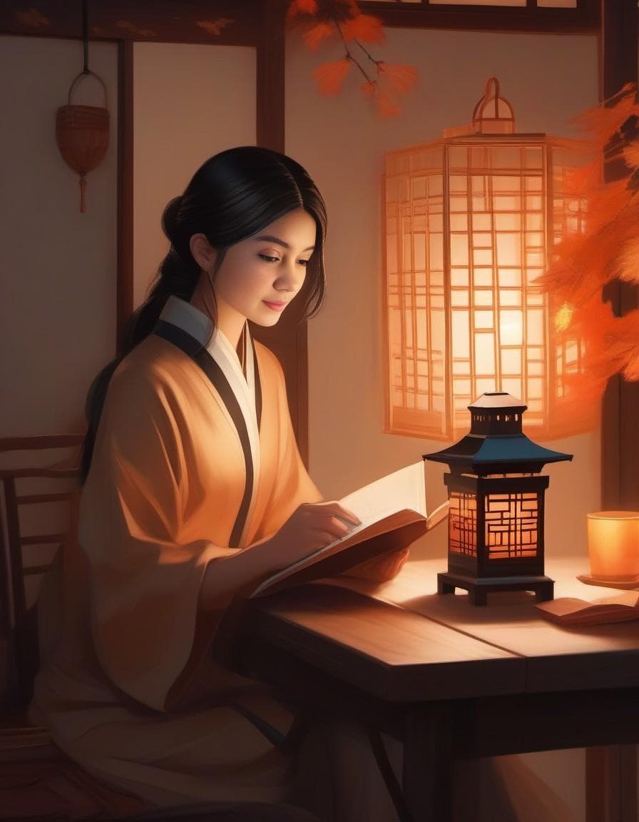 AI generated: chinese illustration of a girl reading a book on a table with lantern, in the style of light beige a...