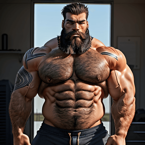 AI generated: A striking image of a rugged, muscular man with a broad, imposing physique. His bulging muscles are ...