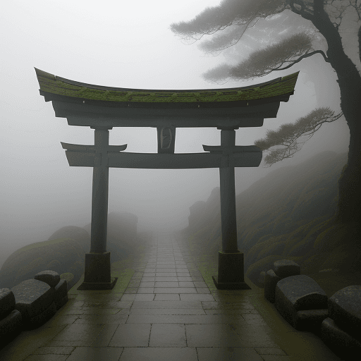 AI generated: A misty landscape featuring a lone torii gate shrouded in swirling fog. The gate stands at the summi...