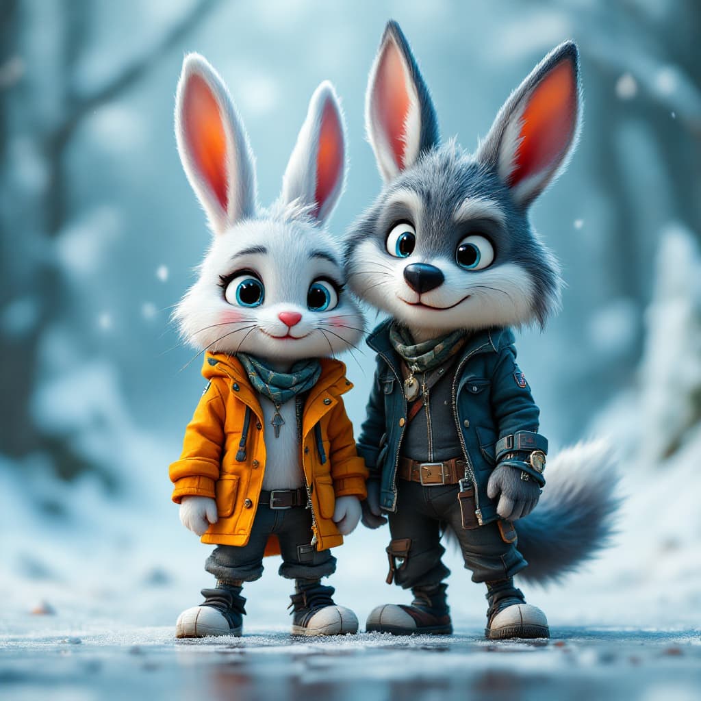 AI generated: cartoon bunny and wolf in rocker clothes, The background is Frozen, cinematic lighting, HD, high det...