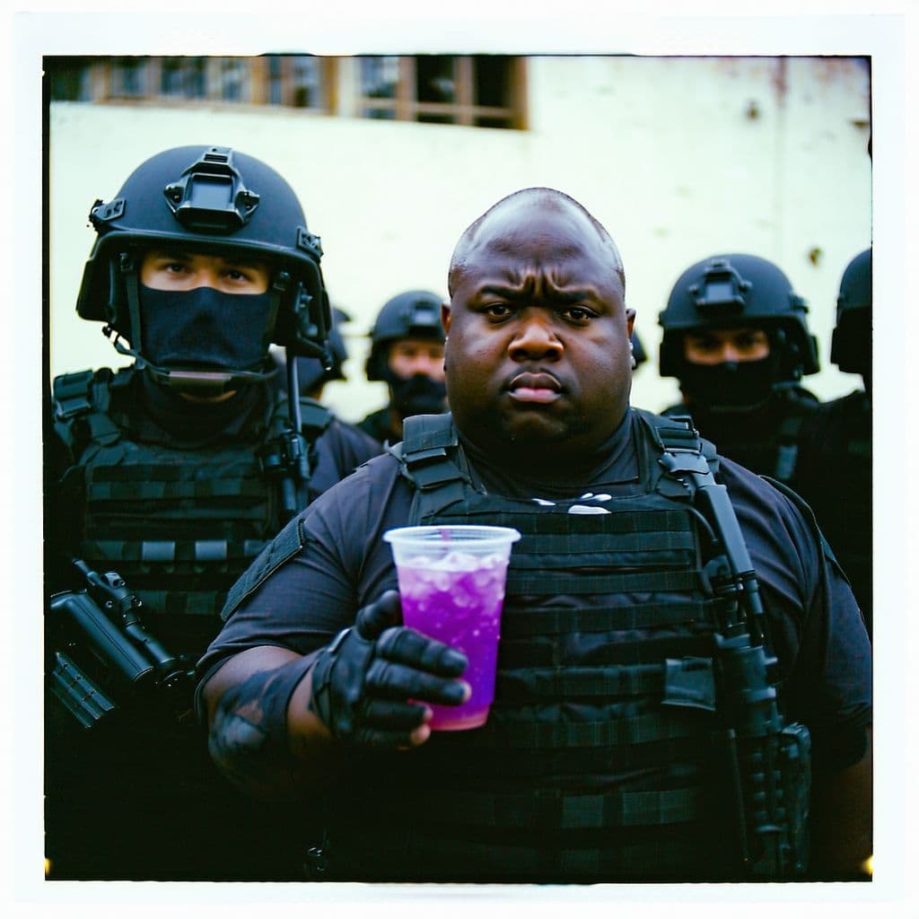 AI generated: grainy 80's photograph quality polaroid of an elite special forces team lead by an obese fat bald fe...