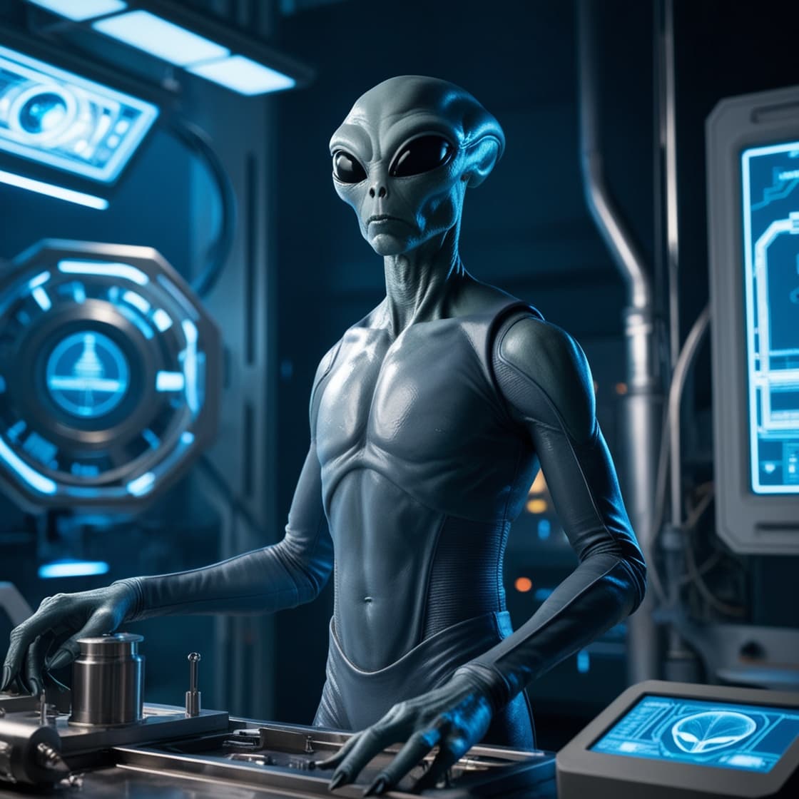 AI generated: Erzeuge ein Bild eines klassischen grauen Aliens mit einer großen, glatten Glatze, großen mandelförm...