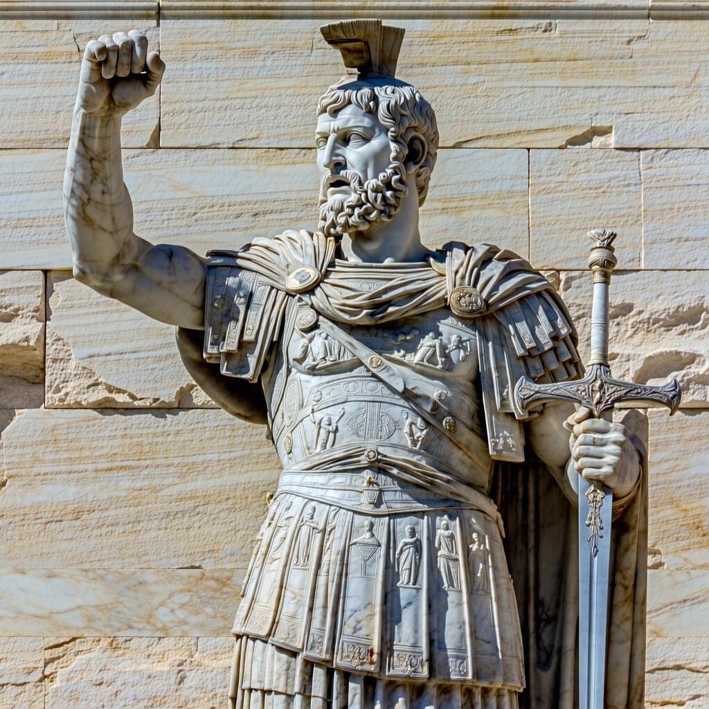 AI generated: A highly detailed, life-sized marble statue of a Roman emperor, standing in a triumphant pose. The e...