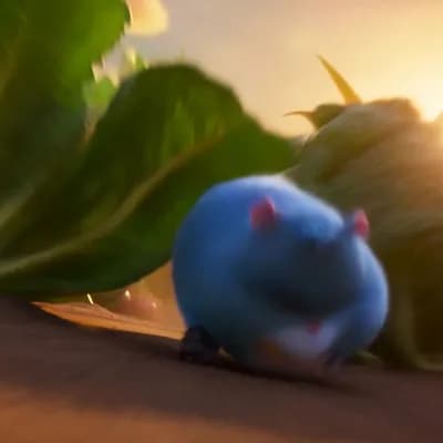 AI generated video: Vibrant 3D Pixar-style cartoon battle in a whimsical oversized vegetable garden at golden hour. Attr...