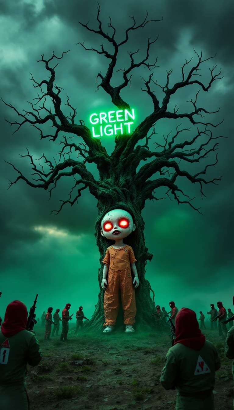 AI generated: A giant eerie doll from Squid Game stands in an open field, facing a large, twisted leafless tree. T...