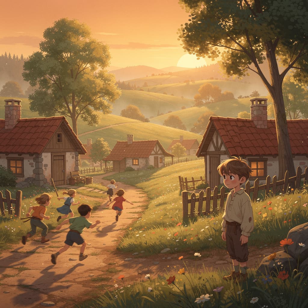 AI generated: A peaceful small village surrounded by rolling green hills at sunrise, soft golden light touching si...