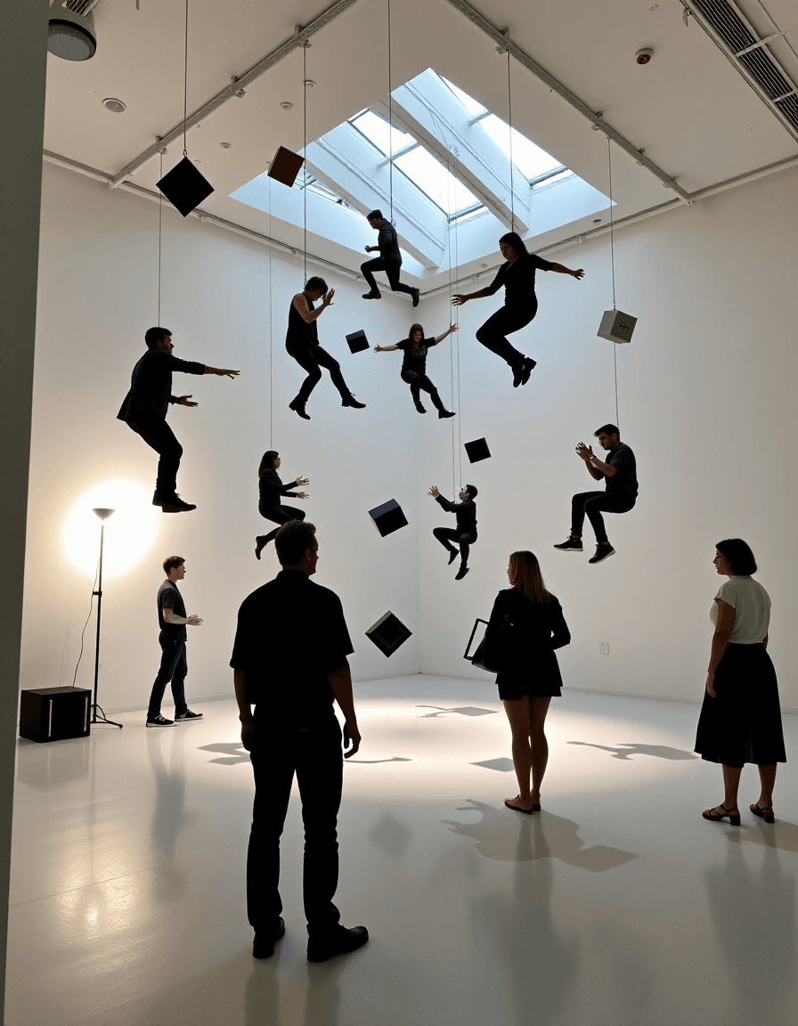 AI generated: A room where gravity is selective, objects and people float at different angles, illuminated by ligh...