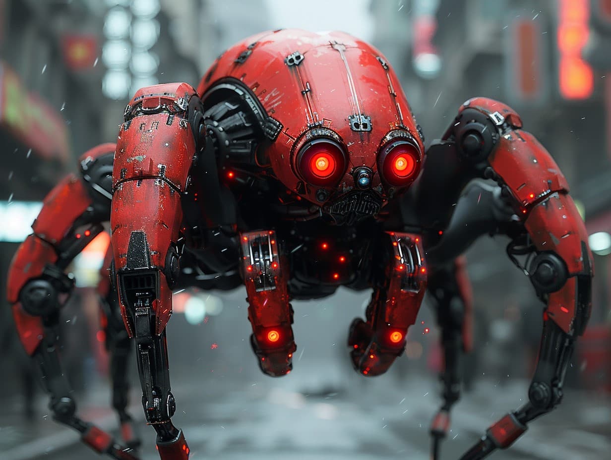 AI generated: A spiderlike robot jumping at the viewer, Cyberpunk, Gothic, Unreal Engine, 3D --ar 4:3 --s 775 --v ...