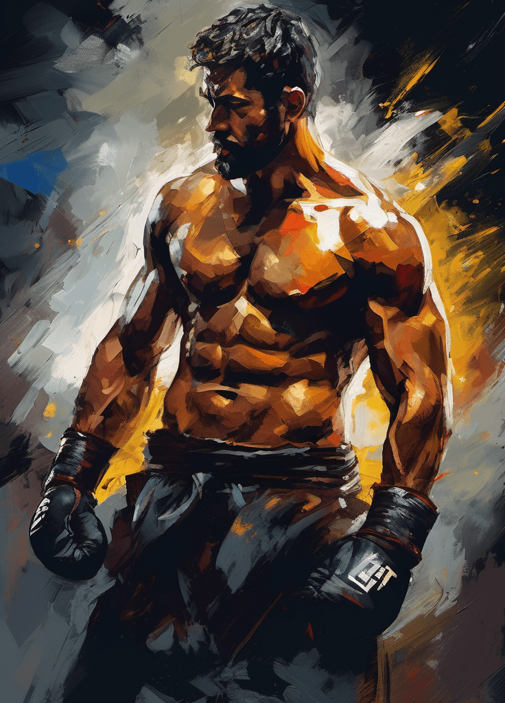 AI generated: stunning half-body portrait of a fighter, calm, desperate, majestic, intense and brooding dark tones...