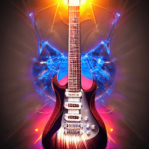 AI generated: skeletal electric guitar, cosmic guitar strings, cinematic lighting, 3d prop art, --ar 9:16