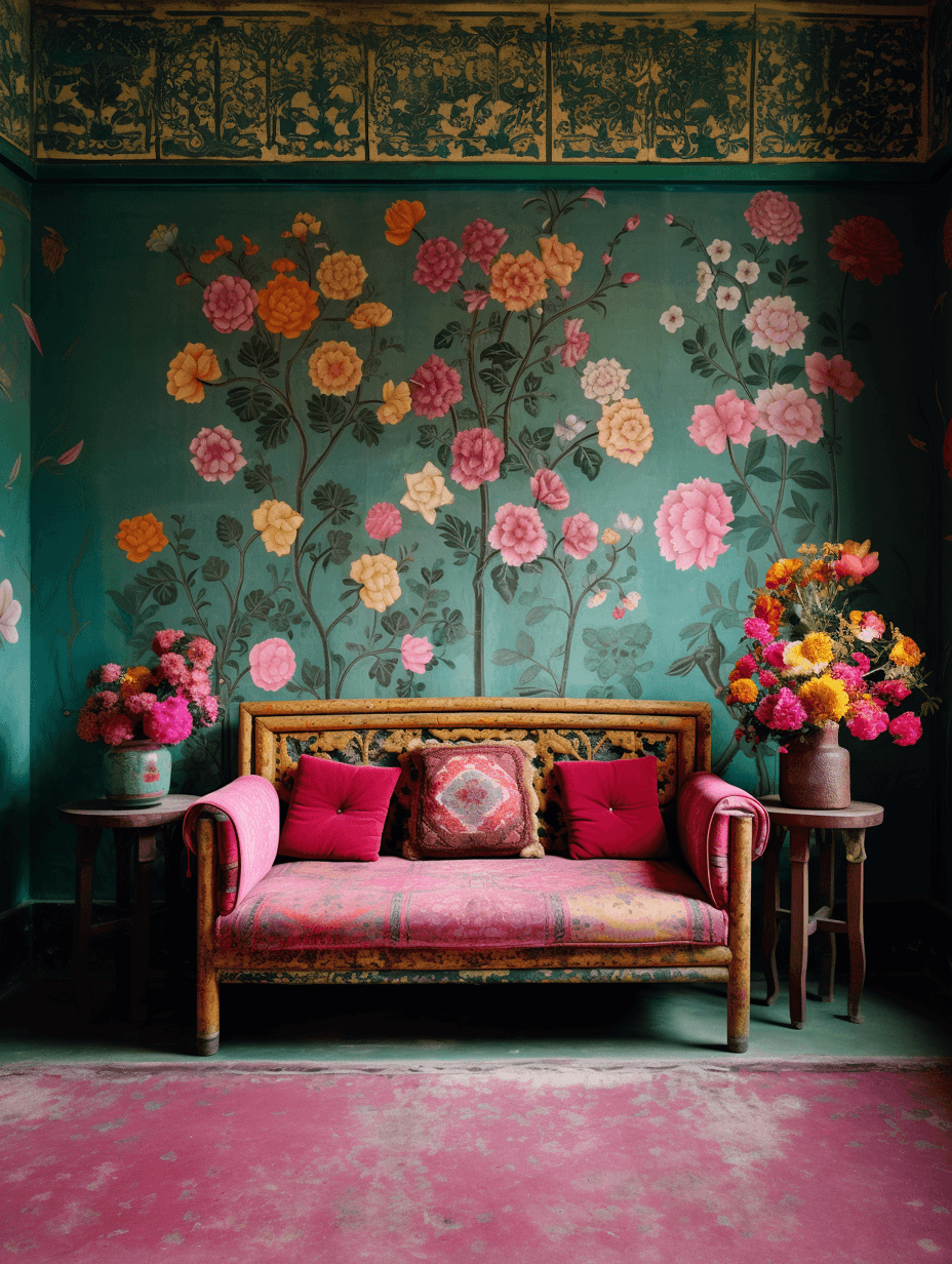 AI generated: colorful murals and cushions are painted on the walls in a room, in the style of kodak aero ektar 17...
