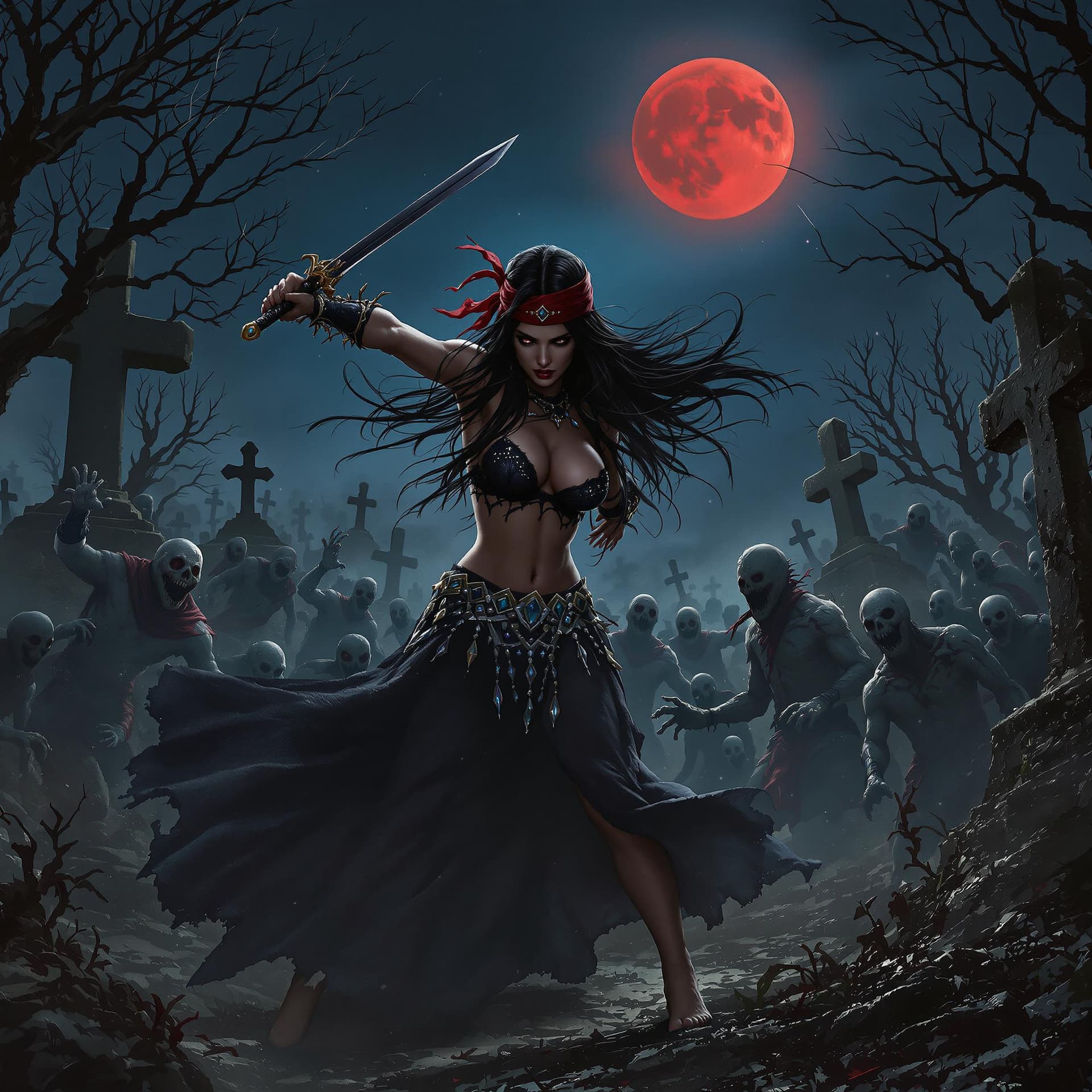 AI generated: A photorealistic and detailed scene of a woman, long black hair, red bandana, black bejeweled bra, a...