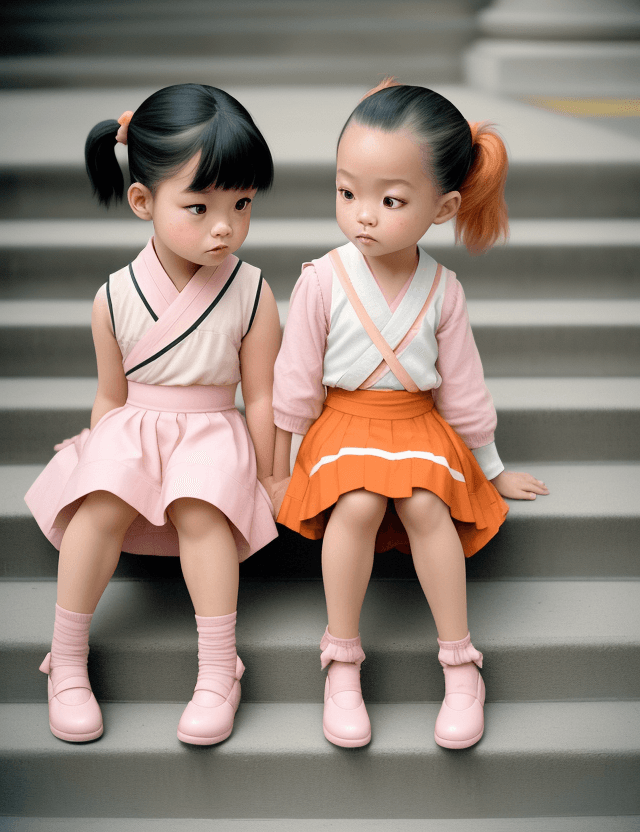 AI generated: a little boy , a little asian , girl , 5 year old , pony tail , still a life , a couple Sitting with...
