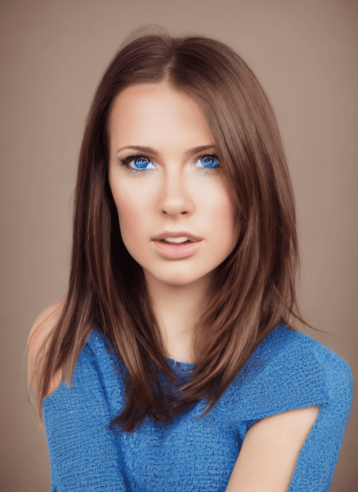 AI generated: Portrait of a pretty young woman with brown hair. Blue eyes, (healthy, body), abs body, studio shoot...