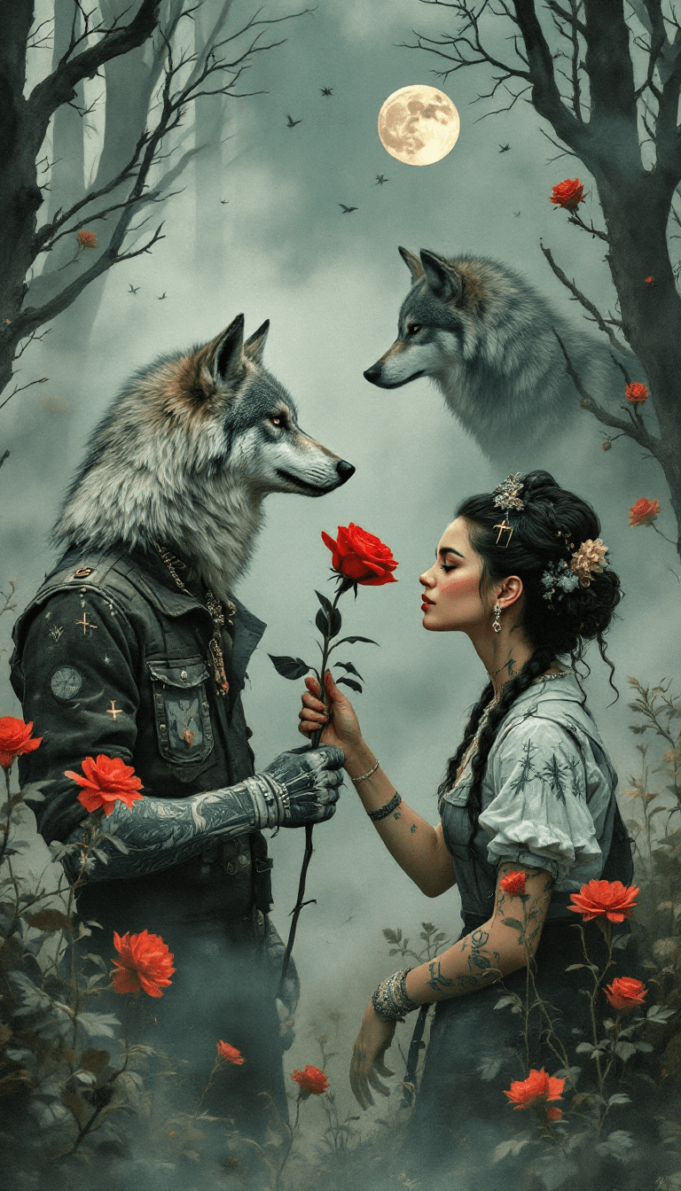 AI generated: Symbolic surrealist illustration of wolves gazing through misty forests, floating symbols and dreaml...