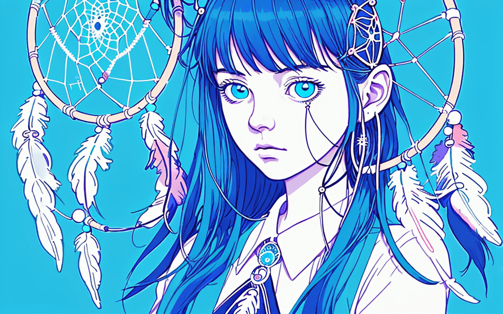 AI generated: Dream Catcher, in the style of crisp neo-pop illustrations, sky-blue, nightcore, trompe-l'œil illusi...