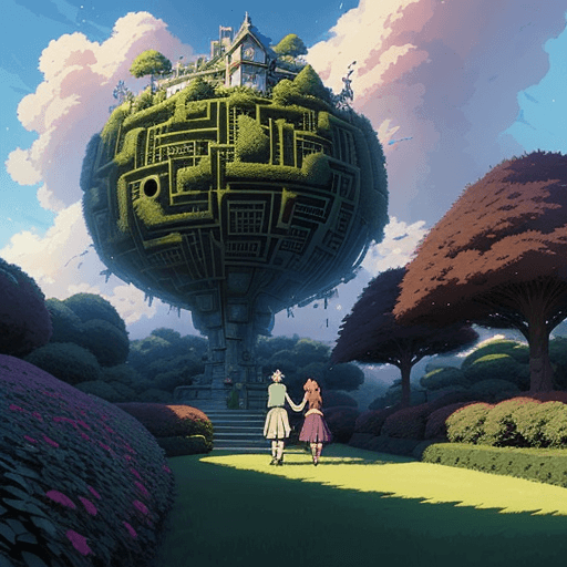 AI generated: make a picture of a couple falling in the sky. Background with clouds and lights. 
Studio Ghibli hed...