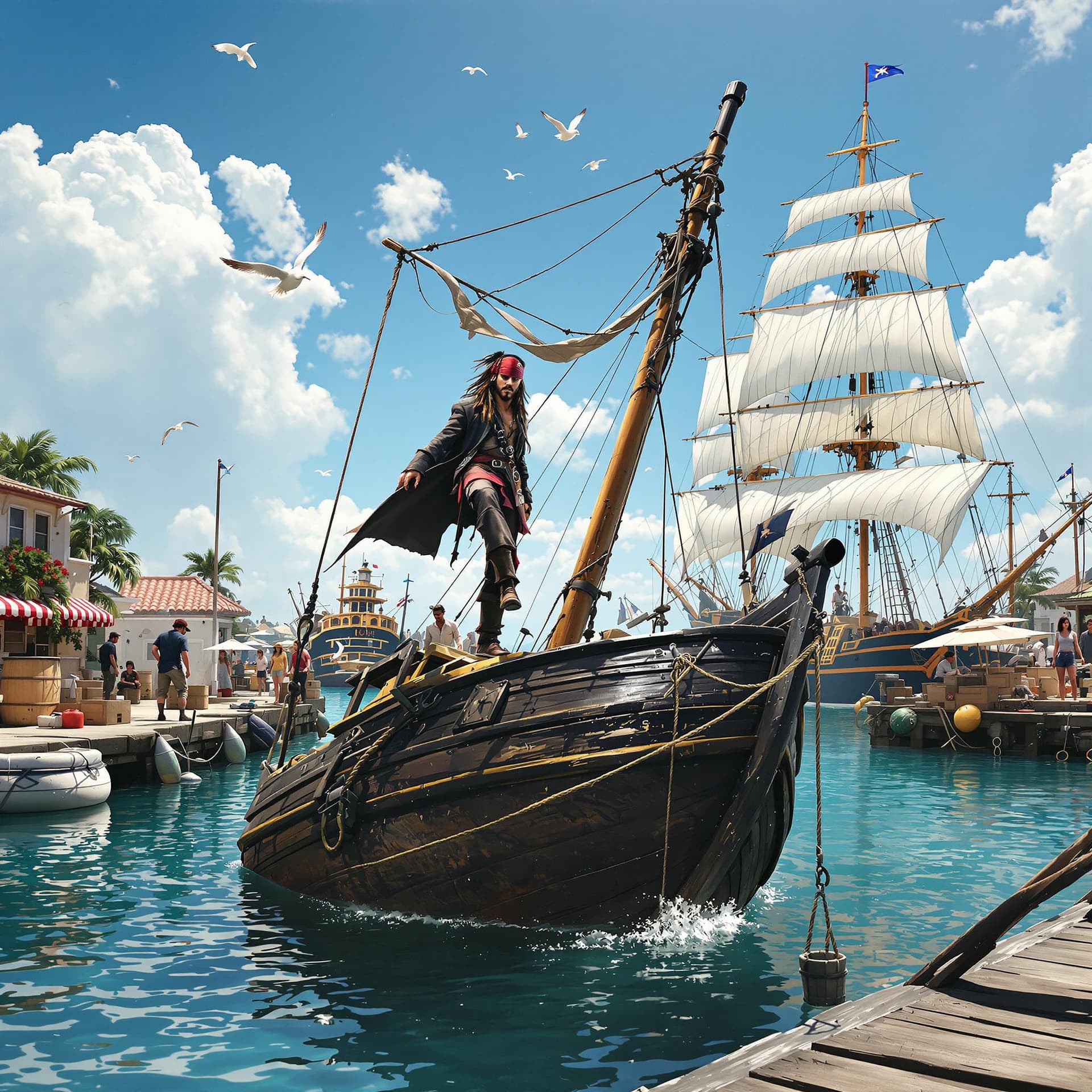 AI generated: "Depict the iconic opening scene of Jack Sparrow's dramatic entrance from Pirates of the Caribbean. ...