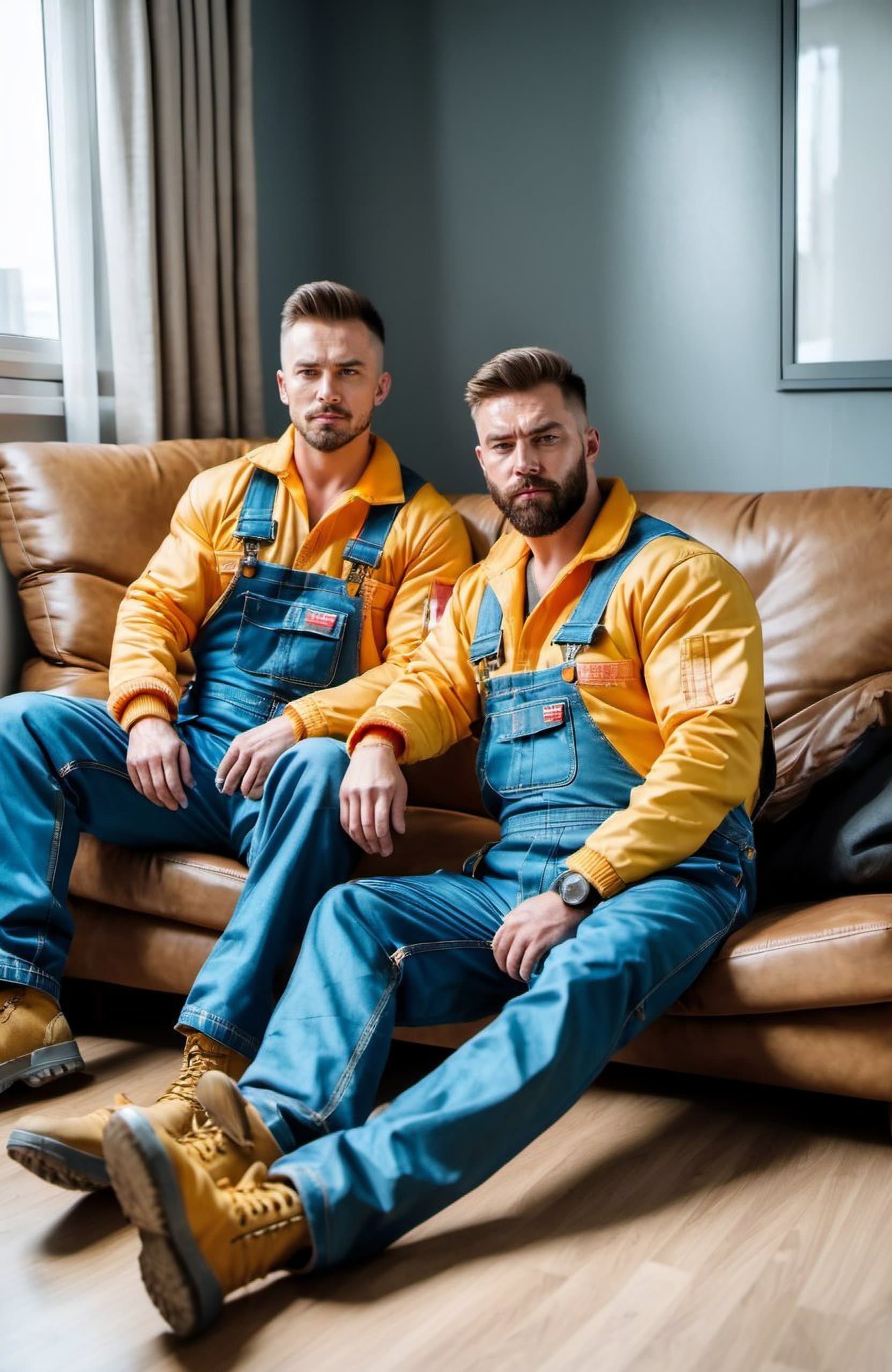 AI generated: action packed, Photography, full-length, realistic, two tired muscular loaders, in work overalls, si...