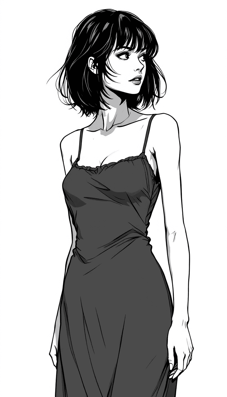AI generated: A full body long shot of a manga anime of a woman with shoulder-length bob style hair and bangs, wea...