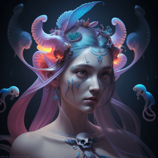 AI generated: Goddess close-up portrait ribcagel. jellyfish phoenix head, nautilus, orchid, skull, betta fish, bio...
