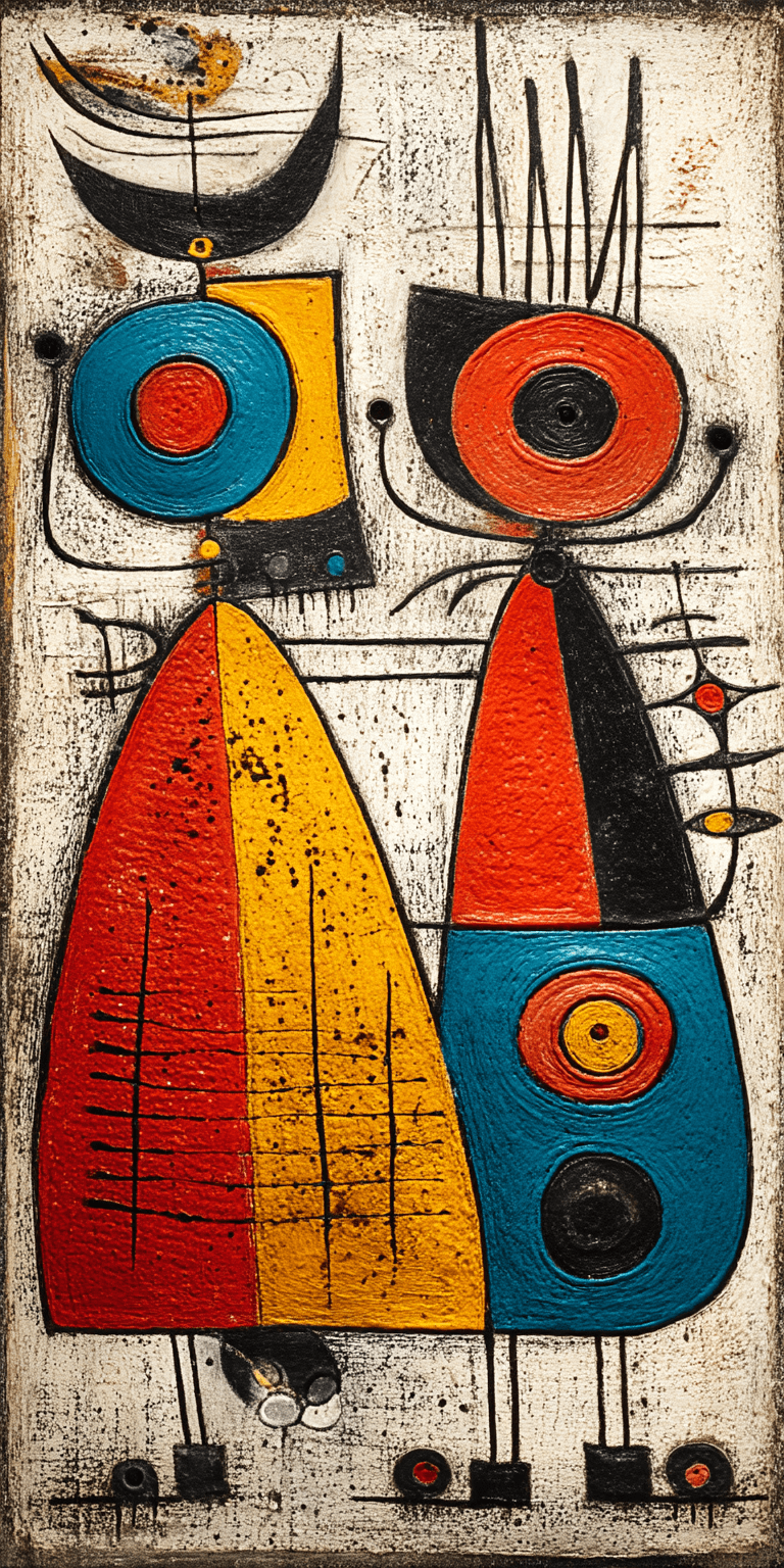 AI generated: A painting in the style of Joan Miro depicting a cartoon figure with blue eyes, orange skin, black h...
