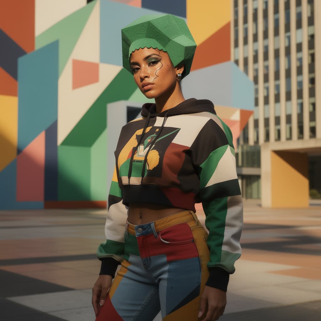 AI generated: modernist, Constructivist Fashion full body photo of a 24-year-old Anuak-Sinhalese female boho chic ...