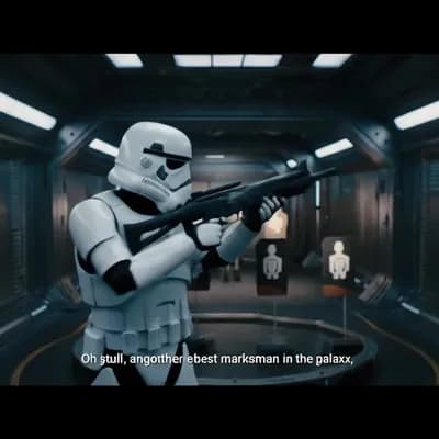 AI generated video: A first-person POV vlog from a stormtrooper on duty aboard the Death Star. The stormtrooper gives a ...