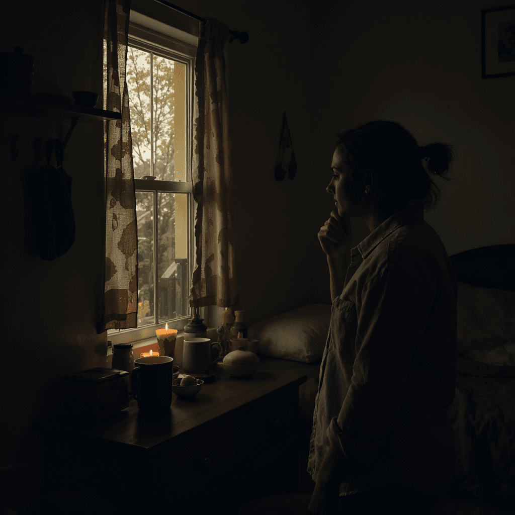 AI generated: Dinner time, home, small room, one bed, one desk, light outside the window, tired person, home from ...