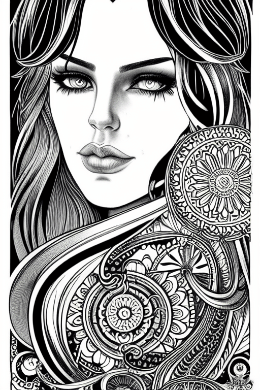 AI generated: black and white portrait of a woman having long hair and a tattoo on her arm, in the style of oliver...