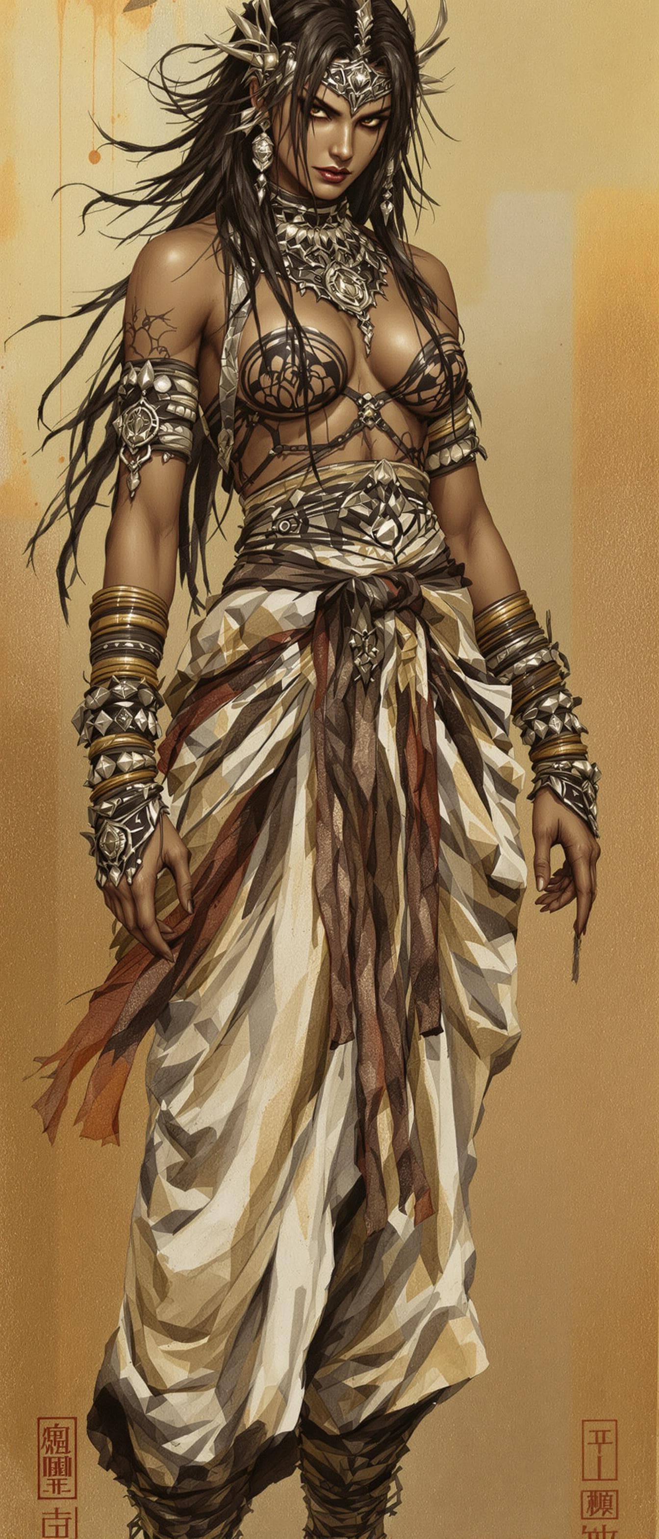 AI generated: Talim from Soul Calibur. Style of Shaun Tan, Style of Nicola Samori A warrior woman with intricate b...