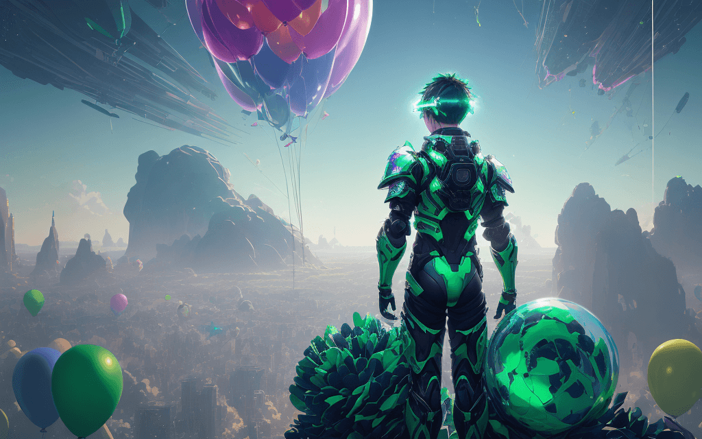 AI generated: a boy wear glass stands looking into the distance, on top of a bunch of balloons ,perfect anime illu...