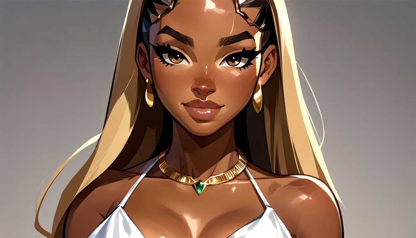 AI generated: high fashion photography, Fantasy Fashion waist up photo of a 24 year old Miao-Kikuyu female playful...