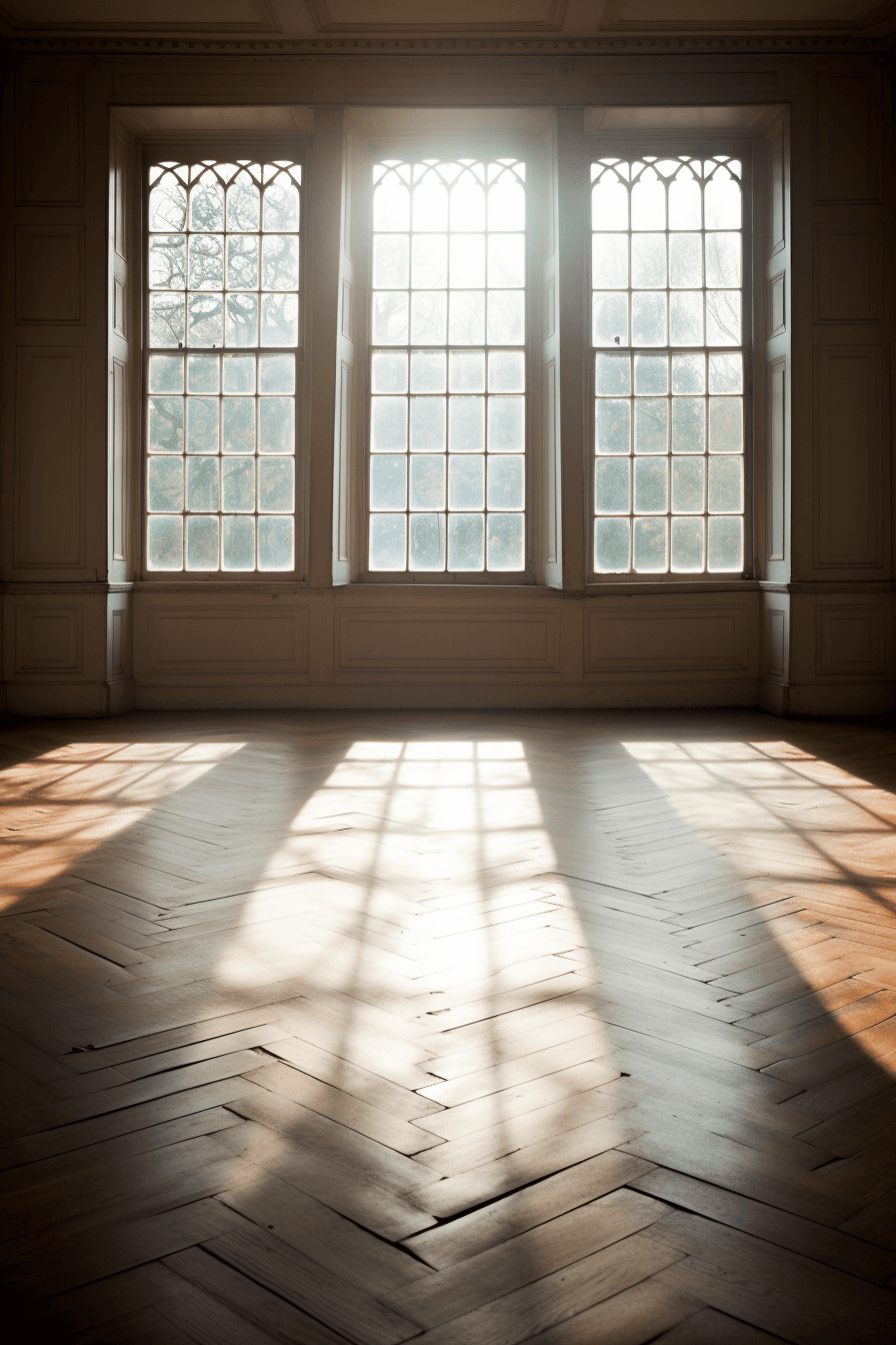 AI generated: an empty room with large windows and wooden floors, in the style of southern gothic-inspired, flickr...