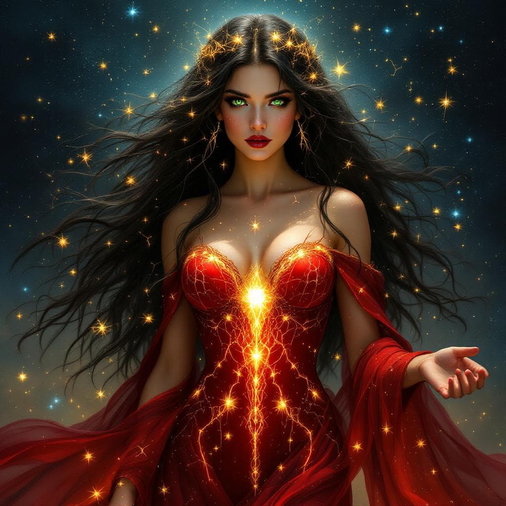 AI generated: A Gorgeous celestial goddess with raven hair and green eyes in a fiery red bodice shaping constellat...