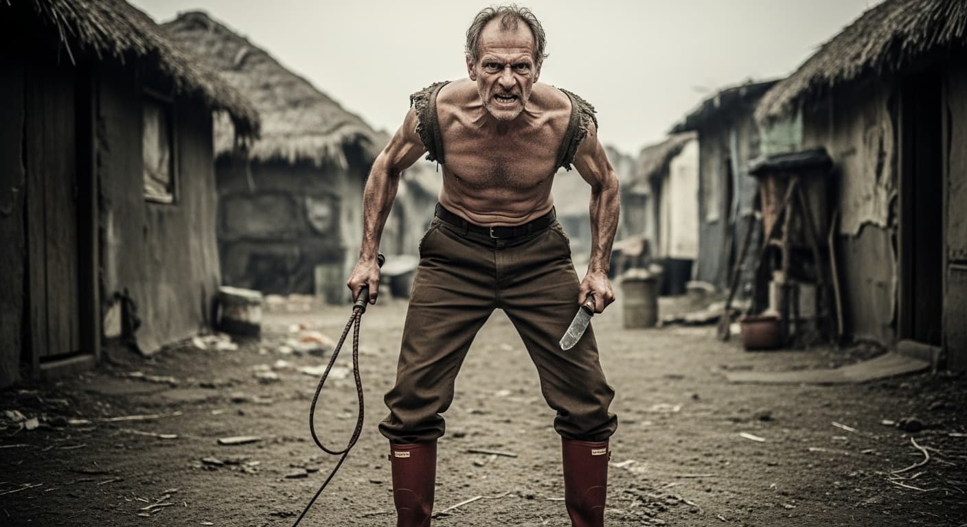 AI generated: UNSHAVED MAN, thin and emaciated, angry look, in brown work clothes, in red rubber boots, holds a wh...
