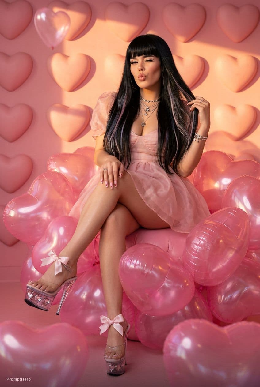 AI generated: Editorial vertical 8K Gemini Flash, full body — ROMANTIC SEATED (Valentine’s Day heart installation)...