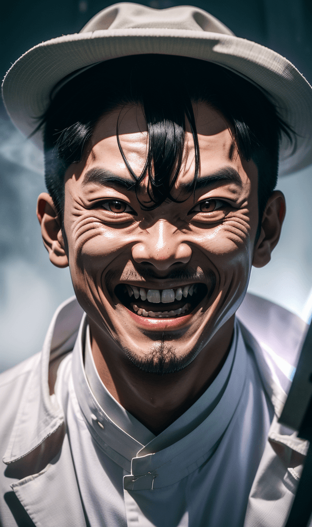 AI generated: scary korean man in a school , wide mouth with scary sharp theets , wild smile , gazing to the camer...