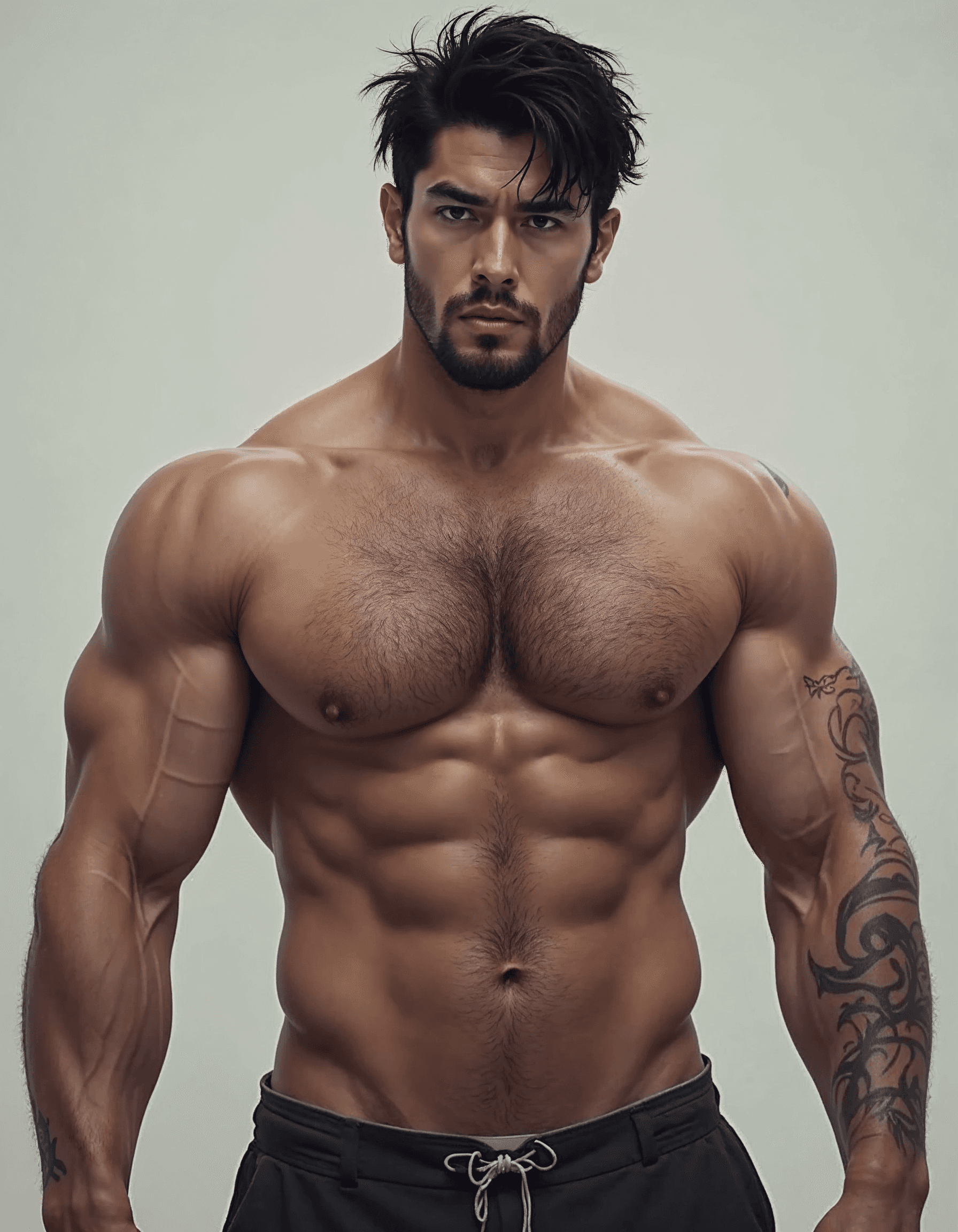 AI generated: 1boy solo, mature man, Jang Ho-joong, shirtless, muscular, hairy chest, shorts, stubble, facial hair...