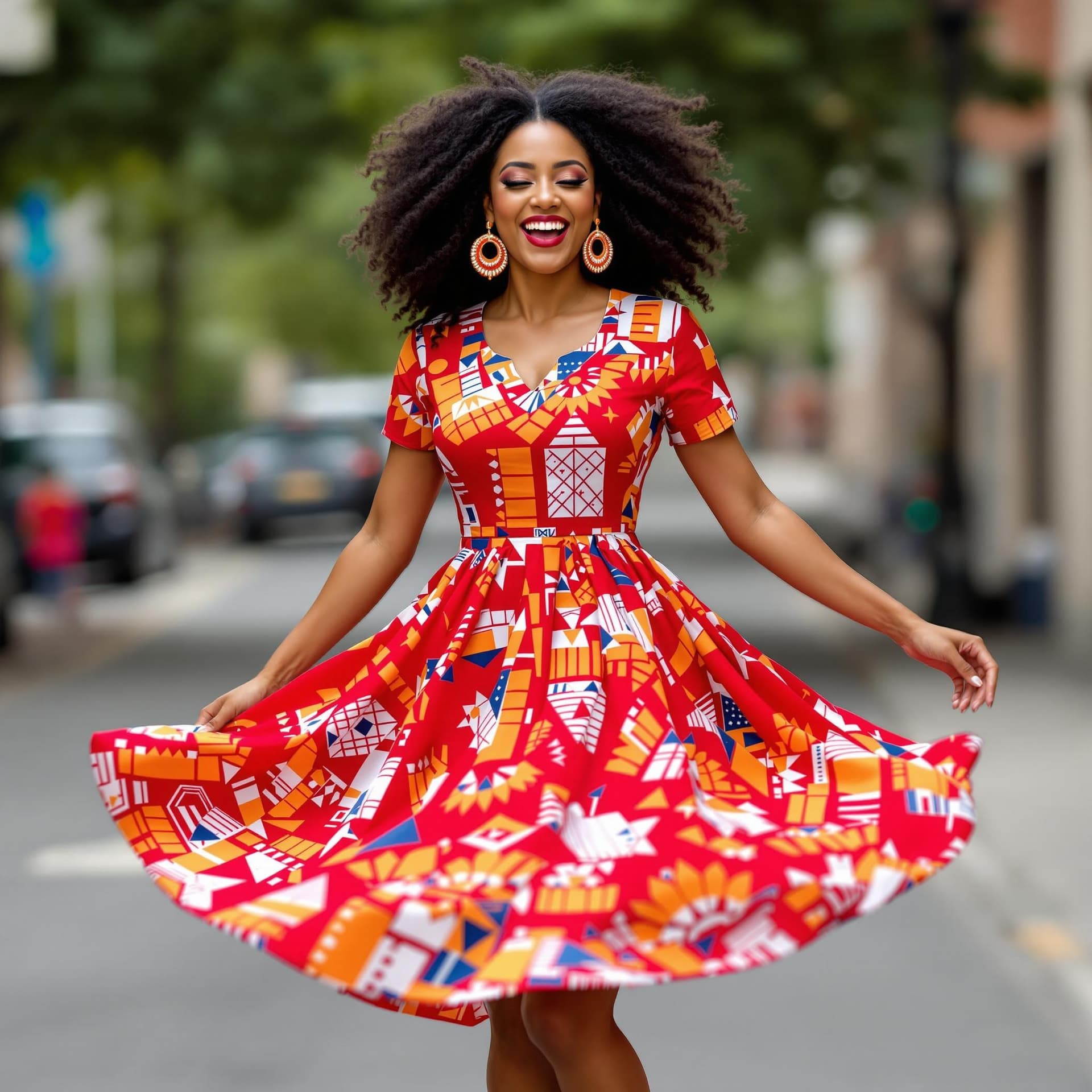 AI generated: The image depicts a joyful woman twirling in a vibrant red dress adorned with geometric patterns in ...