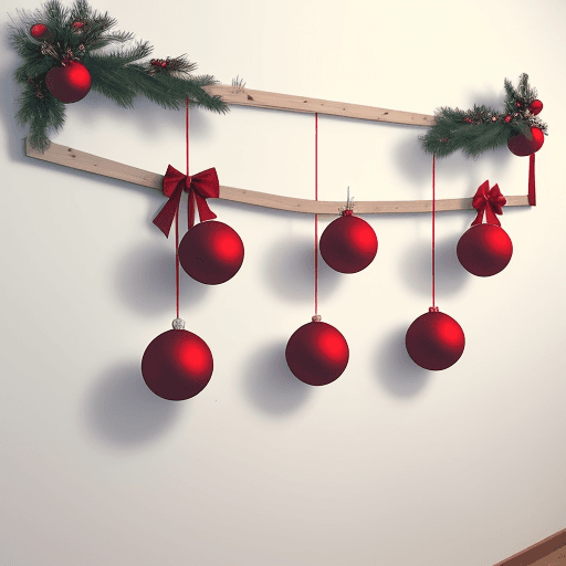 AI generated: Christmas banch and balls on white wall, shape or frame
