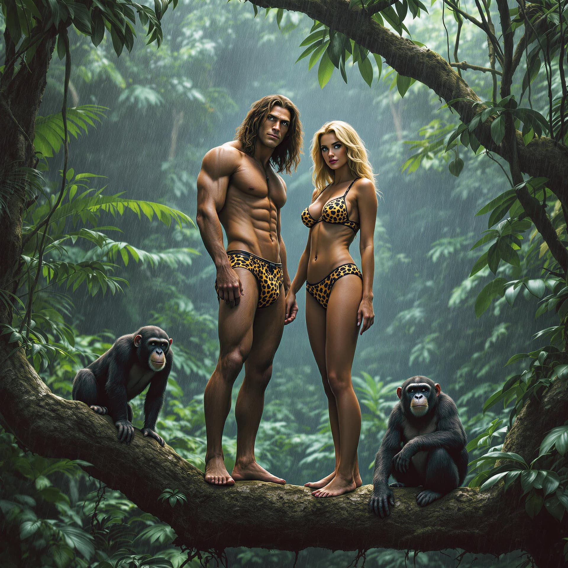 AI generated: tarzan and jane standing on a tree branch in tropical forest, looking at viewer, tarzan wears leopar...