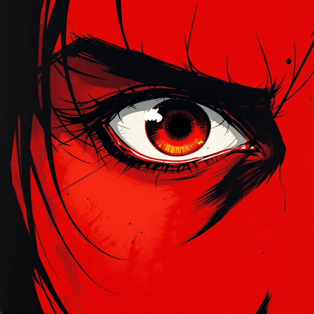 AI generated: manga panel of a close-up eye, intense, against a dark red background, in the style of Kentaro Miura...