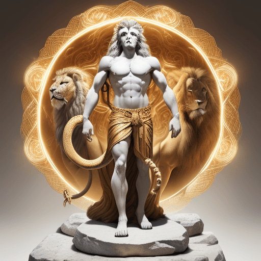 AI generated: a god with the head of a lion and the body of a human, A thin snake is wrapped around him seven time...