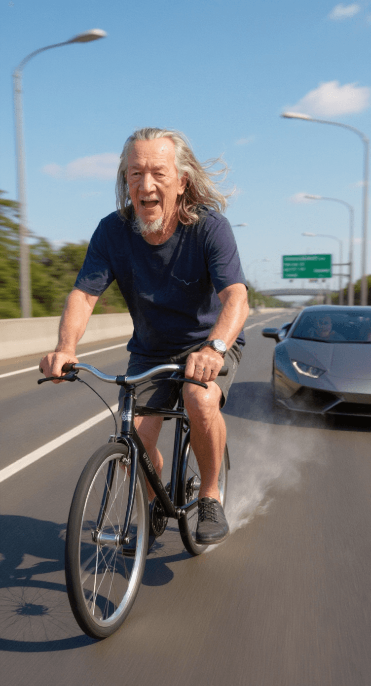 AI generated: The image depicts a humorous and surreal scene on a highway. An elderly Indonesian-looking man rides...