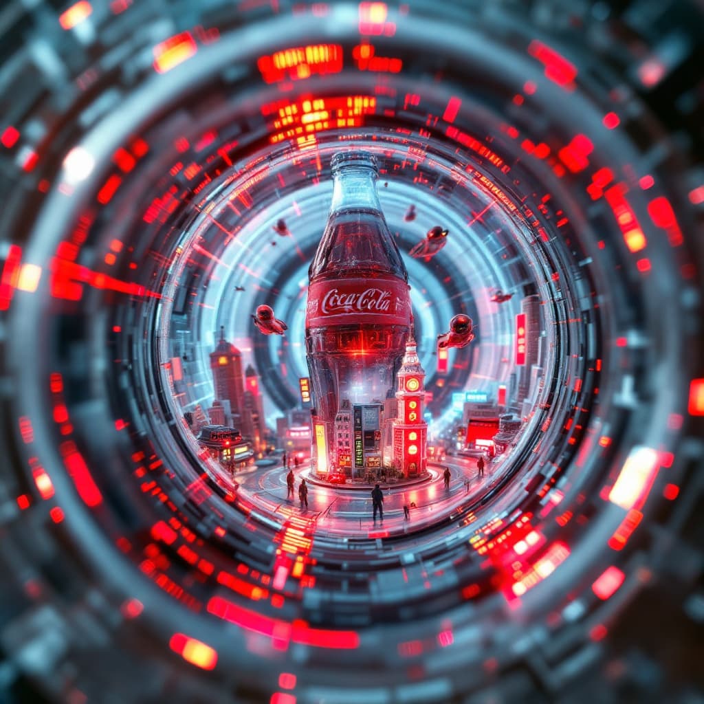 AI generated: Create a surreal and highly detailed 8k image viewed through the top of an old Coca Cola bottle. Fro...
