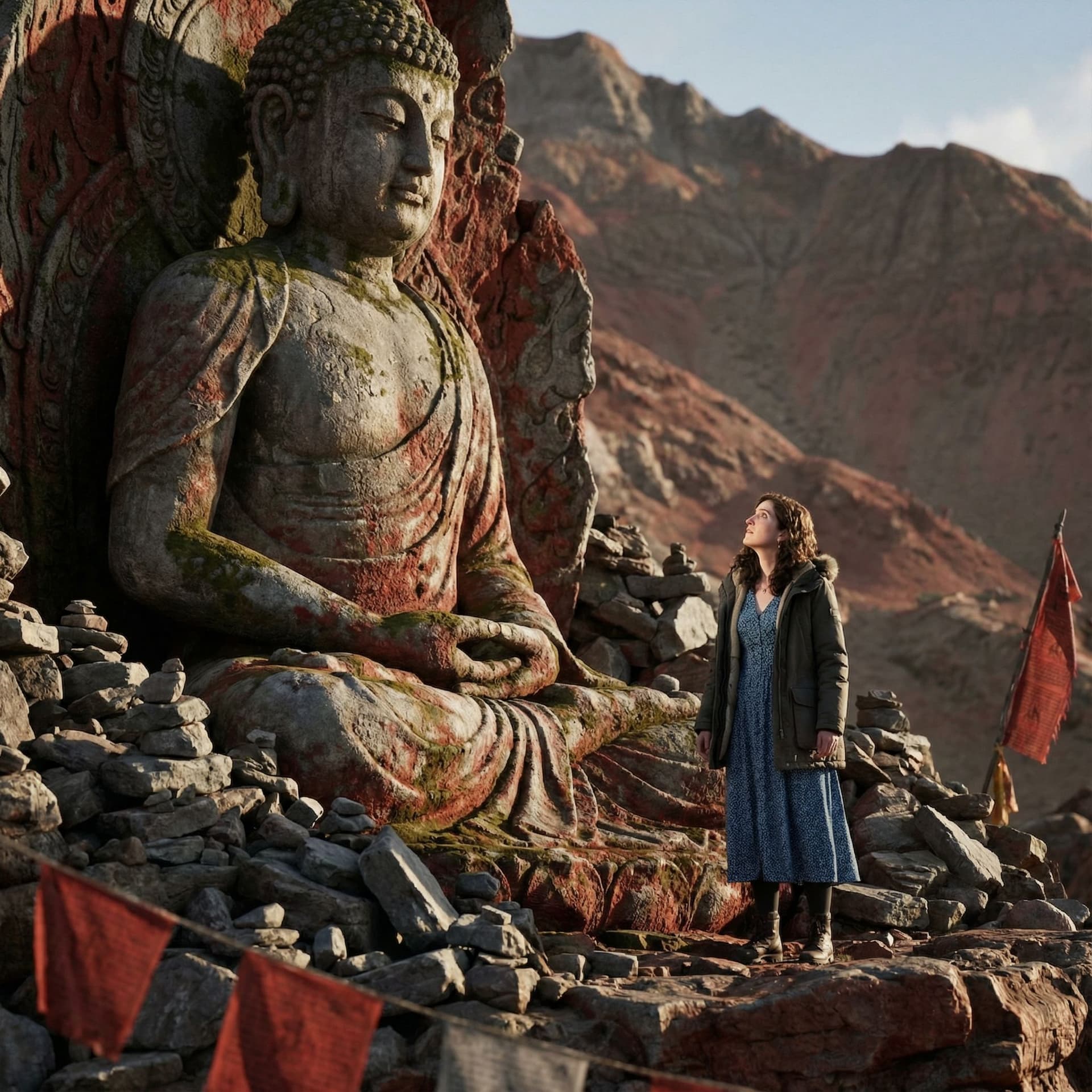 AI generated: a large statue with a woman looking at it, in the style of unreal engine 5, northern china's terrain...